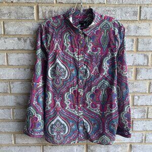 Talbots Long Sleeve Button Up Colorful Paisley Lightweight Shirt Size L Petite